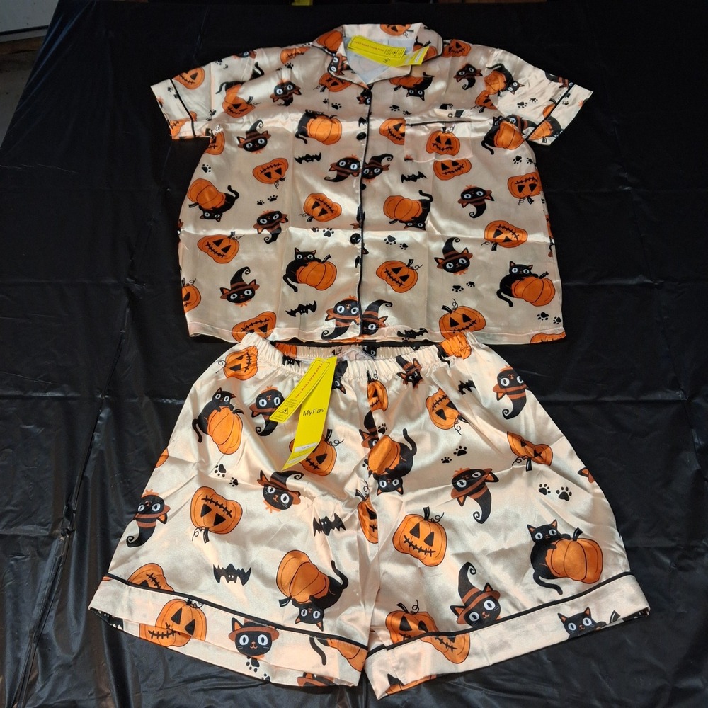 MyFav Pajama Set Girls 16 Halloween Black Cat Pumpkin Satin Peach NEW